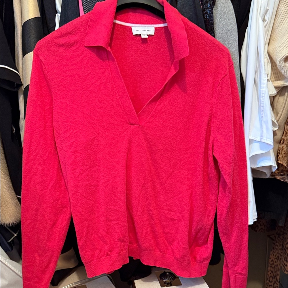Fuchsia V-Neck Collared Sweater